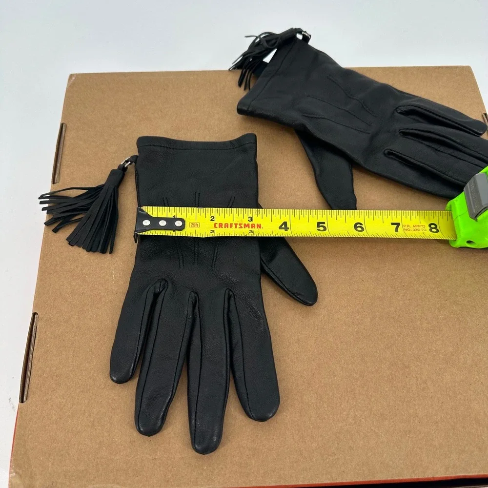 Black Genuine Leather Tassel Gloves Women's Size Medium‎ Chic Minimalist